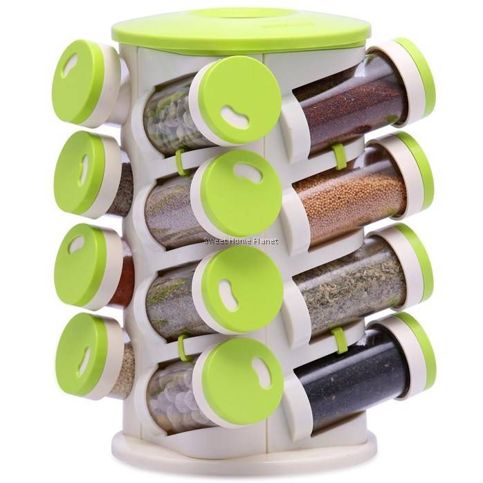 16 IN 1 SPICE RACK WITH CUTLERY HOLDER COMPACT ROTATING REVOLVING CONDIMENTS JARS SHELF ORGANIZER